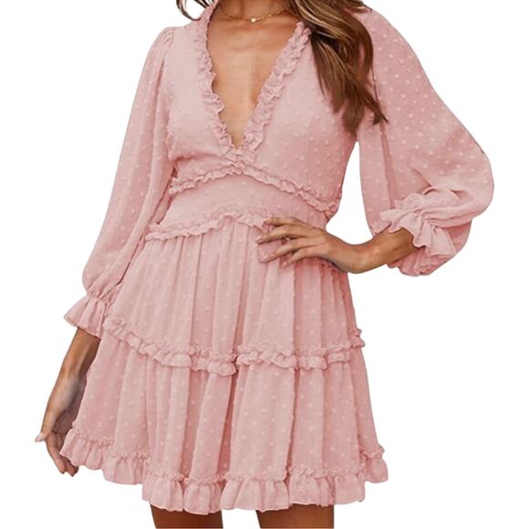 Pink Clip Dot Faux Wrap Mini Dress Size Small Ruffle Babydoll Open Back Dress - Picture 1 of 16